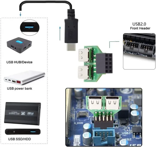 Vista 3 de Puertos duales USB 3.1 tipo C USB-C hembra a USB 2.0 placa madre 9pin 10pin adaptador de cabecera PCBA 480Mbps