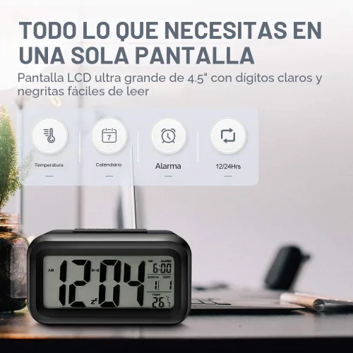 Vista 2 de Lesipee Reloj despertador digital, reloj para dormitorio, reloj de escritorio, funciona con pilas, reloj digital con luz nocturna inteligente