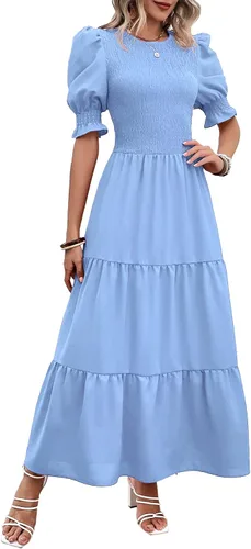 Vista 6 de BTFBM Vestidos para mujer, cuello redondo, casual, de verano, con volantes, manga corta, bohemio, con niveles, fruncido, largo, con estampado floral