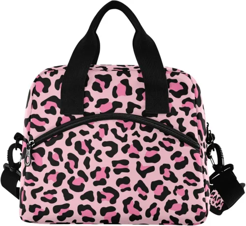 Vista 24 de Bolsa de Almuerzo Aislada de Leopardo Negro Estampado de Piel Animal Enfriadora Reutilizable Tote Box con Correa para el Hombro para Trabajo Picnic