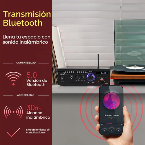 Vista 3 de Pyle Amplificador de altavoz Bluetooth para computadora - Amplificador de potencia estéreo para el hogar de 2 x 120 W, sistema receptor de audio