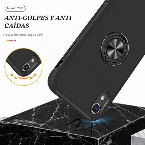 Vista 8 de Funda compatible con iPhone XR con protector de pantalla de vidrio templado para hombres, funda protectora ligera 2 en 1 con soporte de anillo Negro
