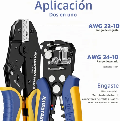 Vista 2 de haisstronica Pelacables y herramienta de prensado, herramienta de pelacables automático AWG 24-10 con crimpadora de cables de trinquete AWG 22-10