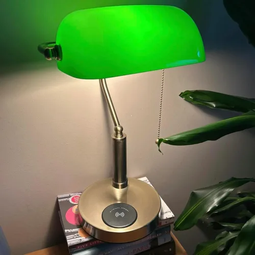 Vista 8 de FIRVRE Lámpara de Escritorio de Banco de Vidrio con Puerto de Carga Inalámbrica USB Lámpara de Escritorio LED Lámpara de Mesa con Cadena de Tirón