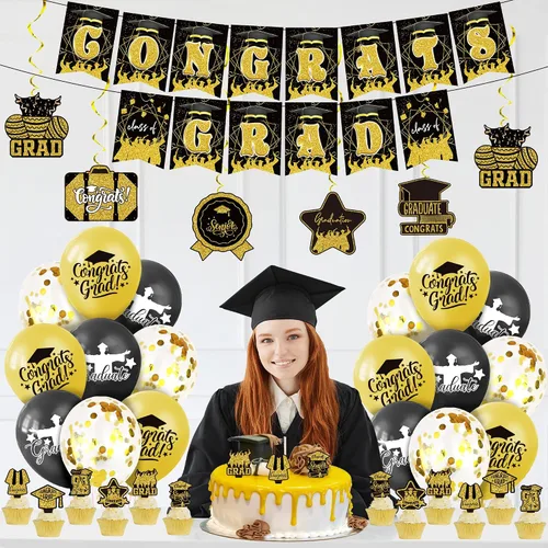Vista 6 de KatchOn, Cartel de graduación de felicitaciones negras y doradas – Paquete de 37 Cartel de graduación de felicitaciones para decoraciones