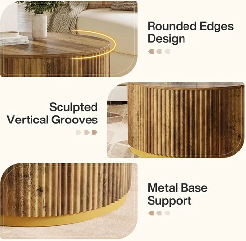 Vista 6 de Tribesigns Mesa auxiliar redonda de 31.5 pulgadas, mesa central de madera acanalada con base de tambor resistente, muebles modernos de mediados