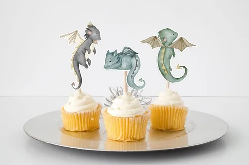 Vista 3 de Decoración para cupcakes de dragón, 10 piezas, suministros para baby shower y fiesta de cumpleaños con lindos dragones de fantasía para niños