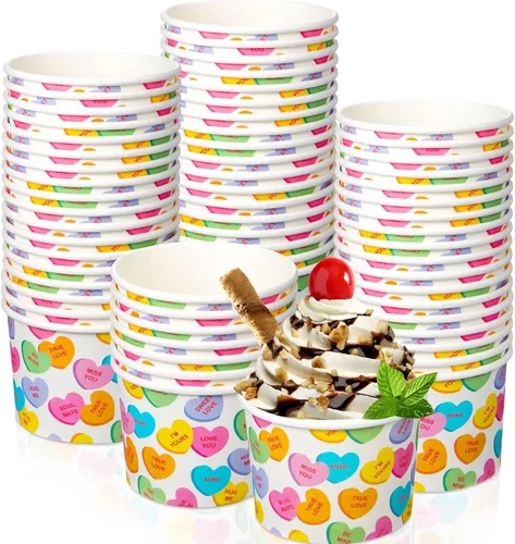 Vista 8 de Shellwei Paquete de 50 tazas de helado de 9 onzas para el día de San Valentín, cuencos de postre desechables con corazón, cuencos de papel