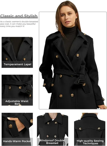 Vista 5 de wantdo - Chaquetón con doble botonadura para mujer, gabardina para invierno de largo medio con cinturón