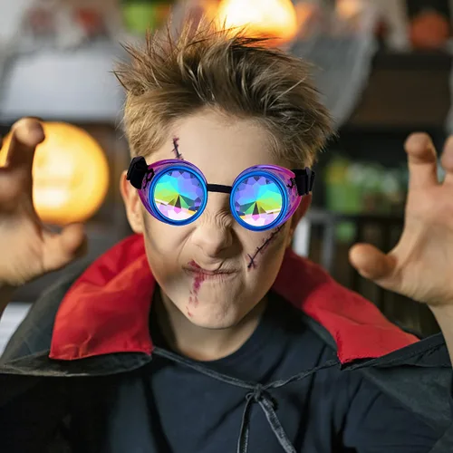 Vista 14 de Gafas de caleidoscopio retro con pinchos, gafas de cristal arcoíris steampunk estilo soldadura, gafas de cosplay punk