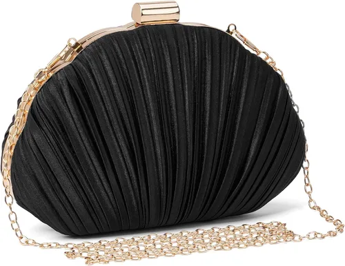 Vista 7 de RNIEGA Bolso de mano de noche plisado de satén para mujer, elegante bolso de mano con cadena para boda 1-negro