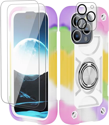 Vista 155 de Funda para iPhone 11 de 6.1 pulgadas con soporte de anillo, con 2 protectores de pantalla de vidrio, resistente a los golpes, resistente a