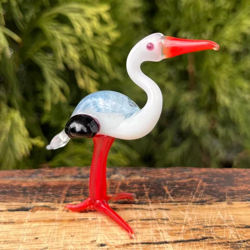 Vista 4 de Figura de cigüeña de cristal, escultura de pájaro de vidrio soplado a mano, adorno de cigüeña en miniatura, figura de animal de vidrio artístico