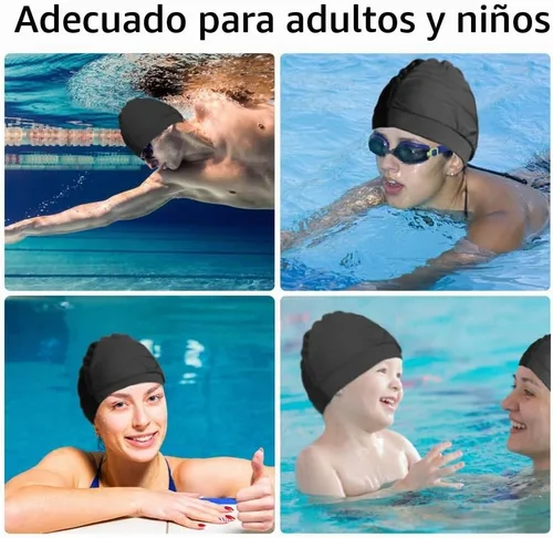 Vista 3 de 2 gorras de natación de tela para mujer, tela duradera, no impermeable, elástica, gorra de baño para cabello largo Negro y Negro