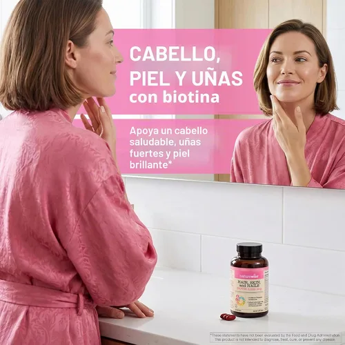 Vista 2 de NatureWise Vitamina para el cabello, piel y uñas, biotina 5000mcg con ácido hialurónico, colágeno para mujeres con complejo C, B, D3, A, E, hierro