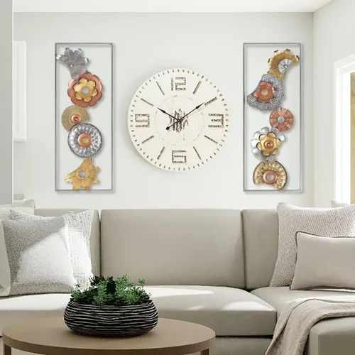Vista 7 de Asense Juego de 2 flores de metal para colgar en la pared con marco, 36 x 14 pulgadas, esculturas modernas de arte de pared de metal dorado