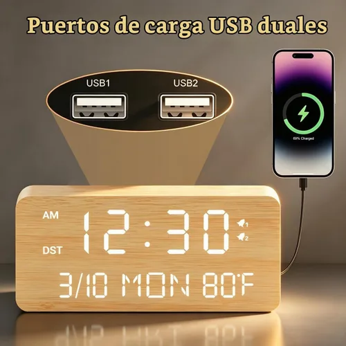 Vista 3 de Reloj despertador digital de madera de bambú premium con cargador de teléfono inalámbrico, puertos de carga USB duales, pantalla LED regulable