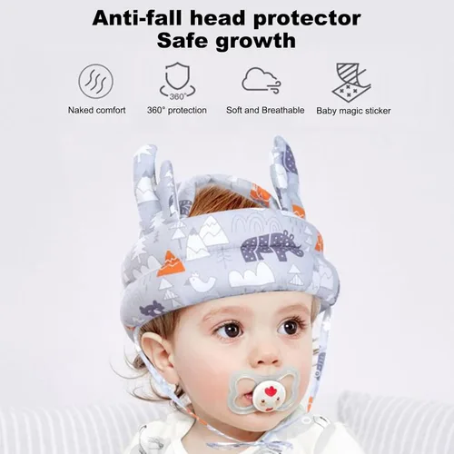 Vista 2 de Casco de bebé, casco ajustable para bebé, ligero y suave, sin golpes, cojín de seguridad para la cabeza, gorra protectora ajustable, gorro de Gris