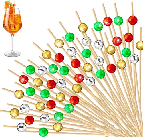 Vista 9 de Hushee 300 palillos de dientes decorativos de bola de discoteca para aperitivos, brochetas de bambú elegantes para bebidas, bodas, discotecas