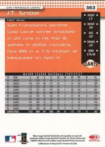 Vista 2 de 2004 Donruss #363 J.T. Snow San Francisco Giants MLB Baseball Card NM-MT