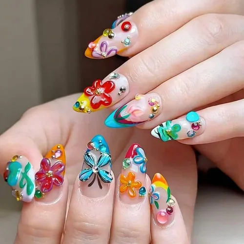 Vista 27 de Uñas postizas largas a presión, color negro, diseño francés y floral, 24