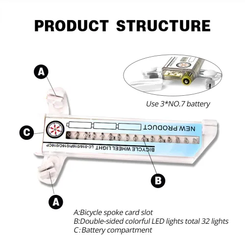 Vista 4 de Yunobi Luces de rueda de bicicleta - Luz de neumático de rueda, 32 patrones atractivos luz de bicicleta de doble pantalla radios luz de conducción