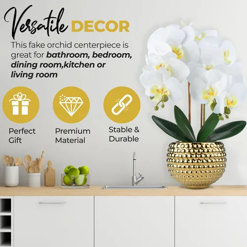 Vista 4 de Orquídeas artificiales grandes, orquídeas artificiales blancas de 17 pulgadas con maceta dorada para decoración de sala de estar, planta de orquídea