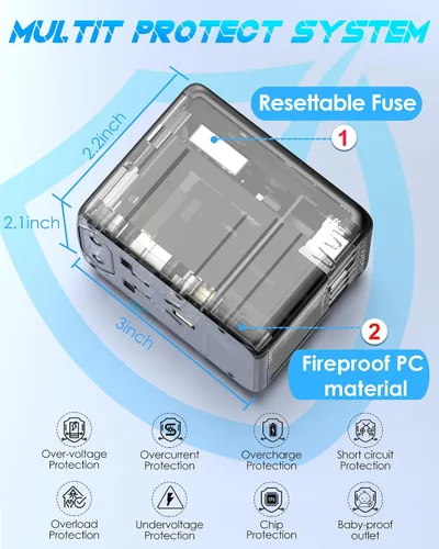 Vista 7 de Adaptador de viaje universal con carga rápida USB-C PD de 35 W, 5 puertos USB C/A, salida de CA de 2500 W, adaptador de corriente internacional