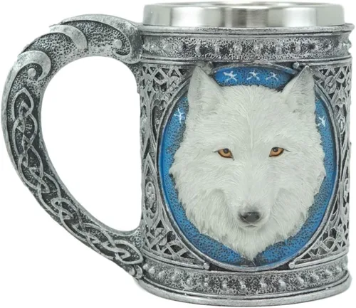 Vista 2 de Ebros Gift Taza grande de 24 onzas con diseño de lobo de nieve blanco celta con diseño de lobo de nieve con caja fuerte para alimentos, taza