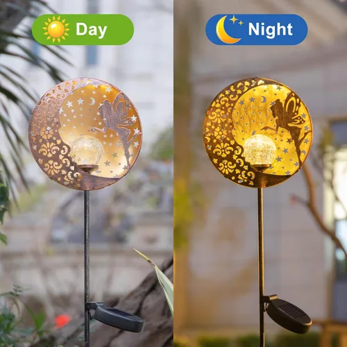 Vista 8 de Tryme Luces solares de jardín de hadas, estaca de globo de cristal con estrella de luna, luces decorativas impermeables para exteriores, patio