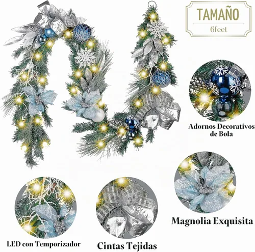 Vista 6 de Valery Madelyn Guirnalda de Navidad preiluminada de 1.8 m con luces para repisa de chimenea, guirnalda de Navidad iluminada para exteriores
