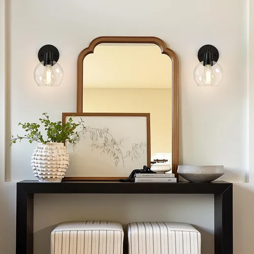 Vista 3 de Indoi Juego de 2 apliques de pared negros mate, lámparas de tocador de vidrio transparente con base E26, luces de pared reversibles arriba o abajo