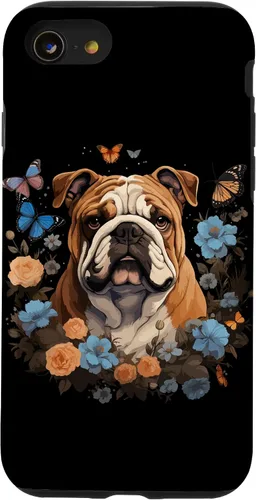 Vista 18 de Funda para iPhone 16 Bulldog Inglés con Flores y Mariposas