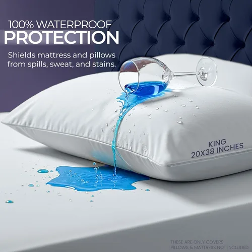 Vista 3 de Protector de colchón impermeable y fundas de almohada, tamaño King, incluye 2 protectores de almohada con cremallera y 1 juego de funda de colchón