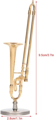 Vista 6 de Mini modelo de trombón de cobre con soporte y estuche, instrumento musical de casa de muñecas de latón para decoración del hogar, réplica