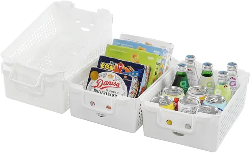 Vista 5 de Saedy Paquete de 4 cestas organizadoras apilables de plástico con asa, color blanco Cesta de almacenamiento apilable, para gabinete de cajón