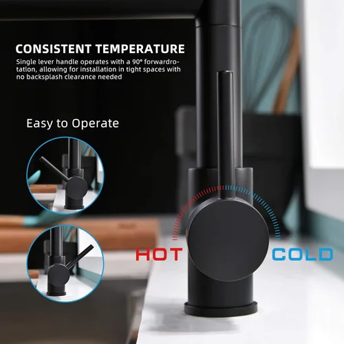Vista 6 de Grifo de cocina extraíble con rociador, Fapully - Grifo de fregadero de cocina comercial negro primaveral con níquel cepillado