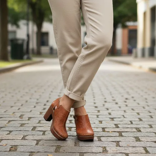 Vista 8 de Botines de piel auténtica grabados mexicanos con correa para mujer - Modelo 490