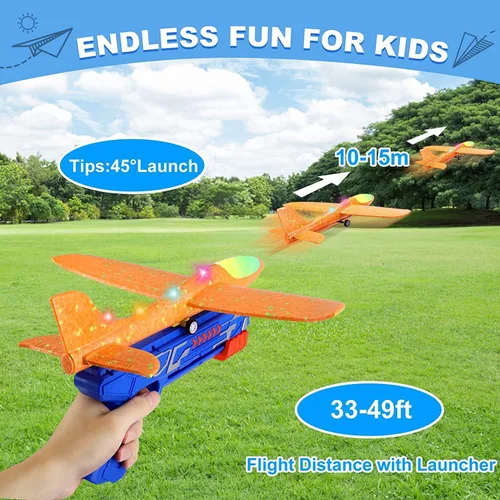 Vista 2 de Paquete de 3 lanzadores de aviones de juguete para niños, planeador de espuma ligera LED con lanzador de avión para jugar al aire libre, juguete