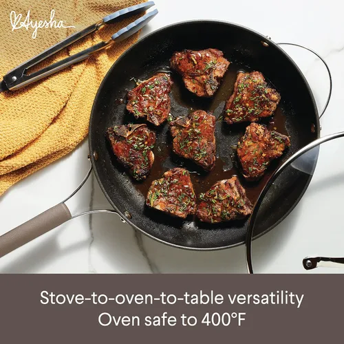 Vista 5 de [Usado] Ayesha Curry Kitchenware 80293 - Sartén profesional anodizada dura antiadherente con tapa y mango auxiliar, 12.25 pulgadas, color carbón