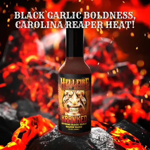 Vista 4 de Hellfire Hot Sauce Kranked - Salsa picante gourmet de ajo negro y Carolina Reaper, presentada en el programa de televisión Hot Ones, 5 onzas.