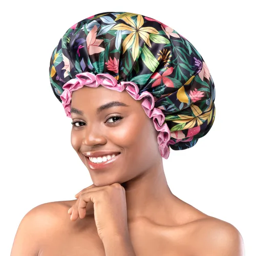 Vista 8 de mikimini Gorro de ducha grande para mujer, de pelo largo, con encaje rosa, reutilizable, impermeable, para niñas