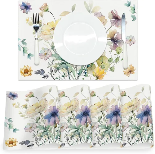Vista 21 de AOFOTO Juego de 4 manteles individuales con estampado de flores silvestres coloridas, manteles individuales artísticos rectangulares modernos
