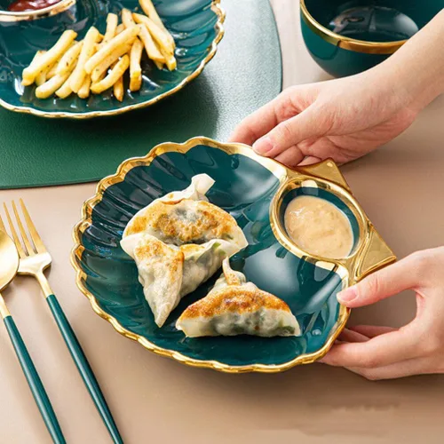 Vista 5 de DOITOOL Plato de bola de masa en forma de concha con compartimento para salsa, elegante plato de cerámica para sushi para albóndigas, aperitivos