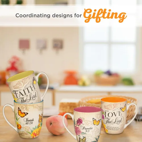 Vista 5 de Christian Art Gifts Taza de café de cerámica con diseño de rosas rosadas y mariposas amarillas – Taza de 12 oz. sin plomo, taza inspiradora
