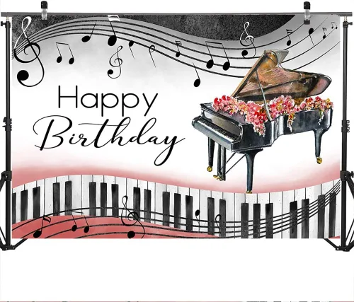 Vista 3 de Mocsicka Fondo de cumpleaños de piano, tema musical, decoraciones de cumpleaños, notas de piano, teclas, suministros de fiesta de cumpleaños