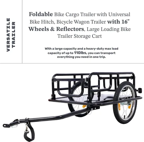 Vista 5 de Remolque de carga plegable para bicicleta con enganche universal, capacidad de 110 libras, remolque de bicicleta con ruedas y reflectores de 16