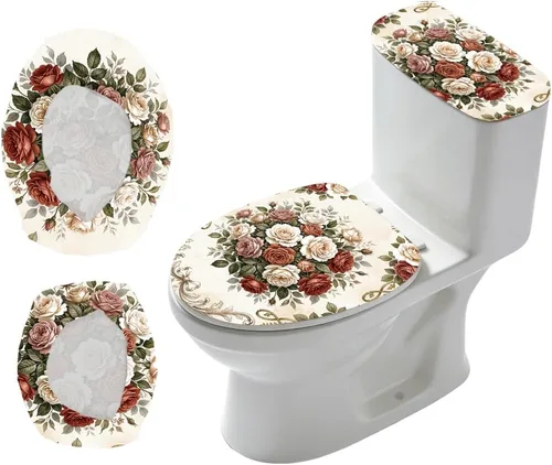 Vista 9 de Juego de 2 fundas de tapa de inodoro de grano de madera y cubierta de tanque, juego de fundas elásticas rústicas para asiento de inodoro