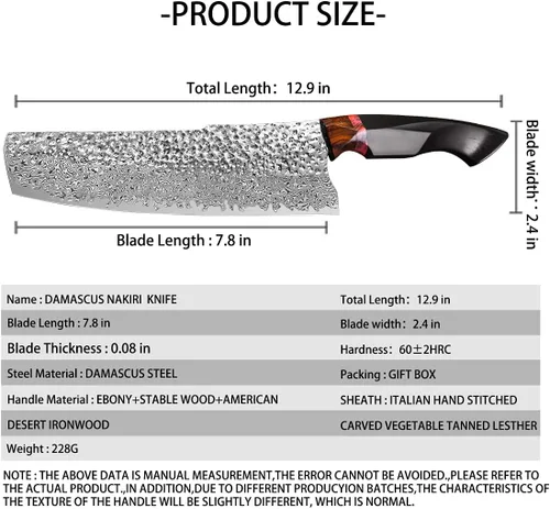Vista 3 de Cuchillo de chef nakiri de 7.9 pulgadas, hoja de acero de damasco hecho a mano, mango de ébano, cuchillo de cocina de estilo japonés con funda