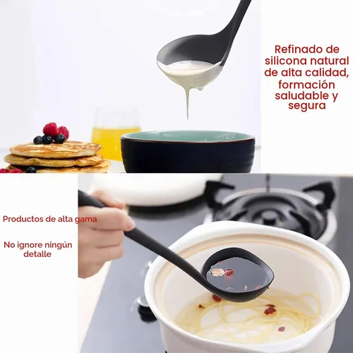 Vista 5 de Juego de 2 cucharones de silicona para sopa, antiadherentes, resistentes al calor, mango largo, irrompible, grande, redonda, para cocina en casa